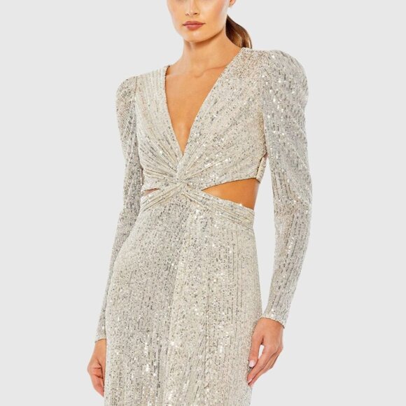 NWT Mac Duggal Silver Sequined Criss Cross Long Sleeve Gown Nude 4 - Picture 2 of 8
